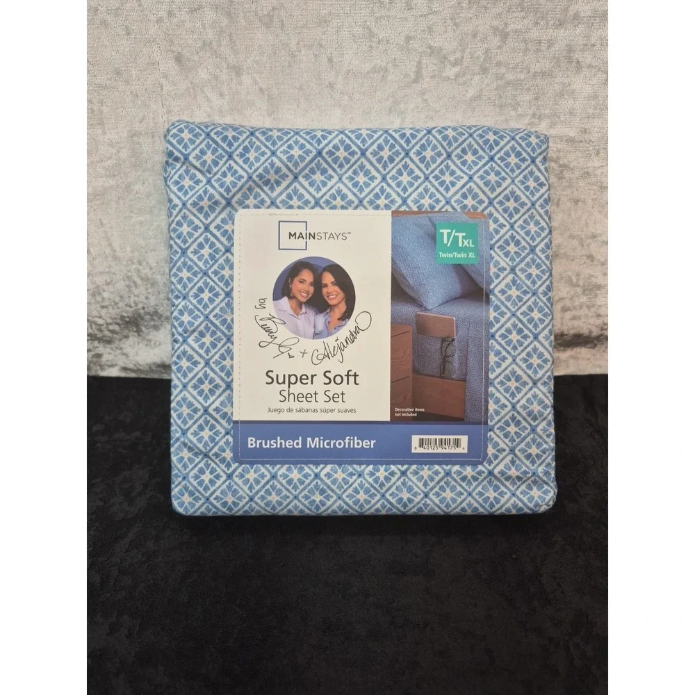 MAINSTAYS Super Soft‎ Sheet Set T/TXL BRUSHED MICROFIBER Blue Cool Geo/ New
